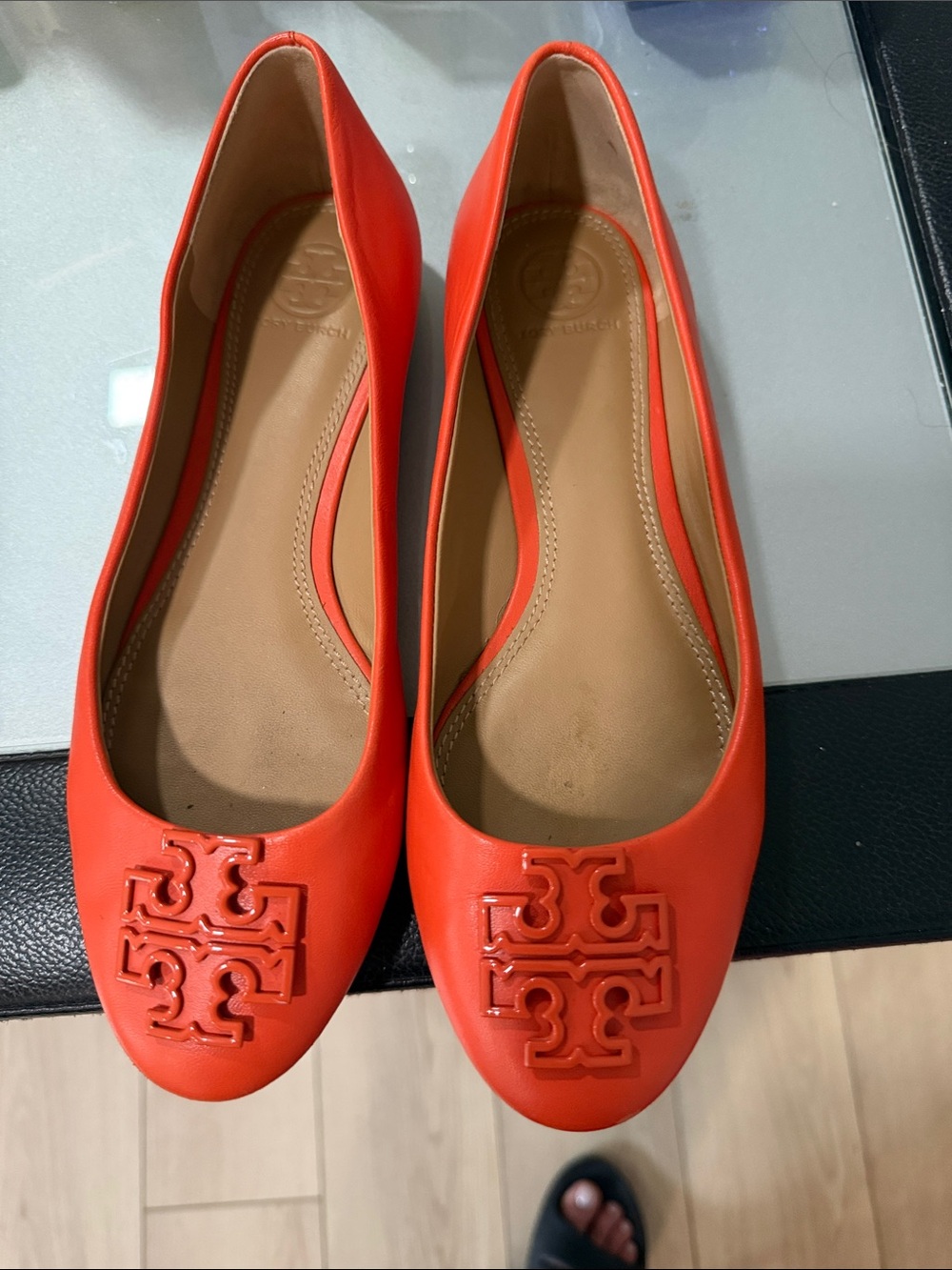 Tory Burch Bright Orange Leather Logo Ballet Flats